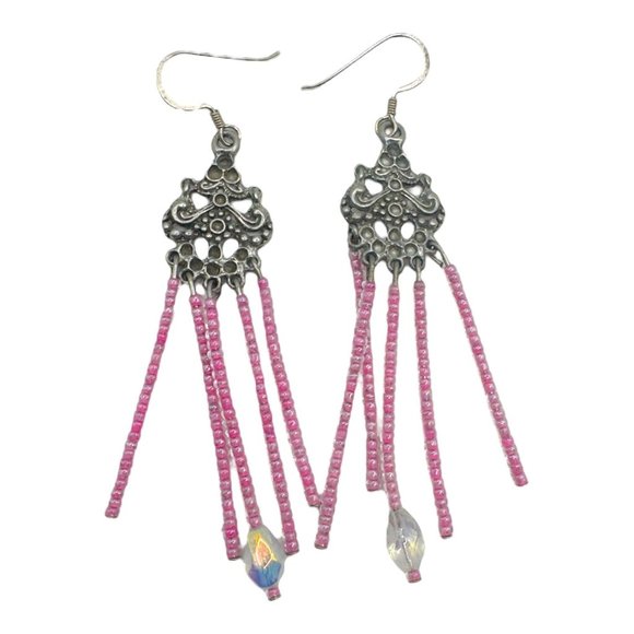 Artisan Jewelry - Vintage 1960s Pink Chandelier Earrings Artisan Crafted With Szezh Glass Beading